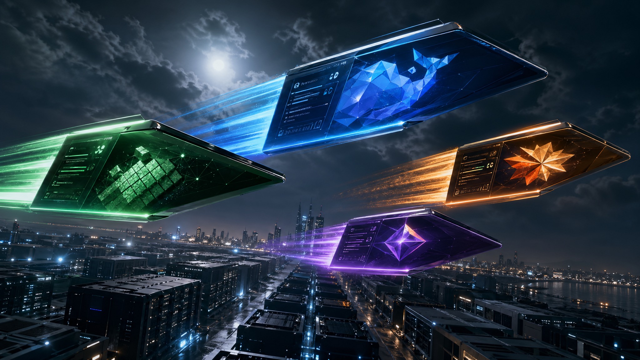 Abstract AI model race over a data-center skyline