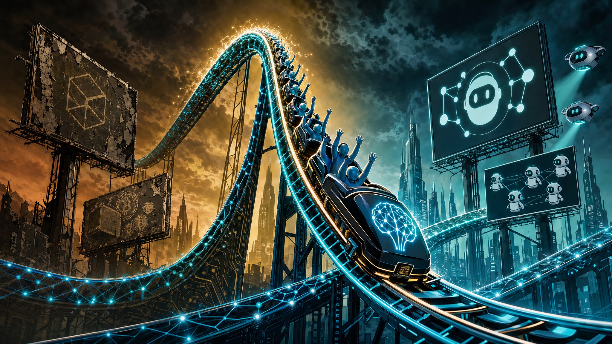 AI hype-cycle roller coaster through crypto and autonomous-agent billboards